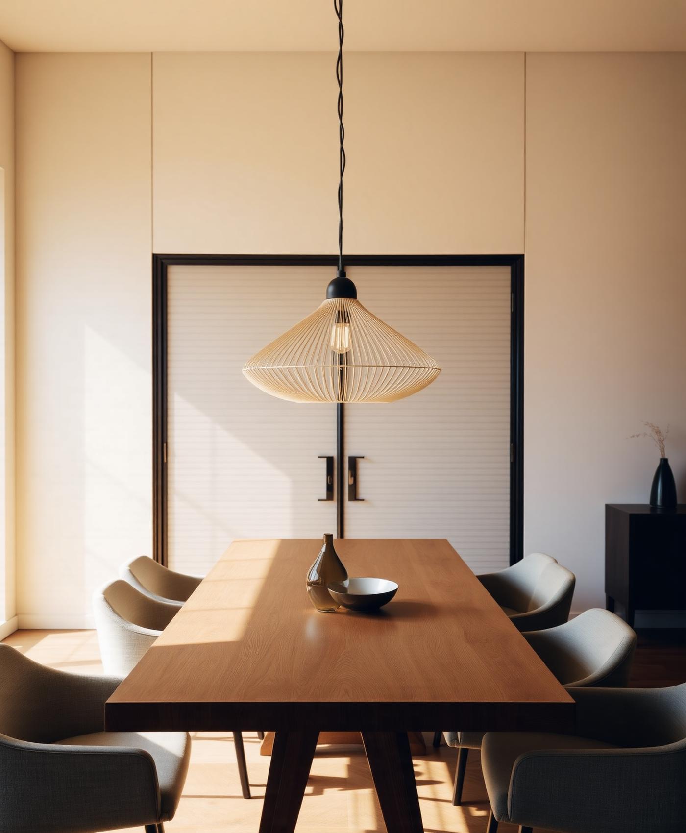 Minimalist dining room with sculptural wood table and soft lighting