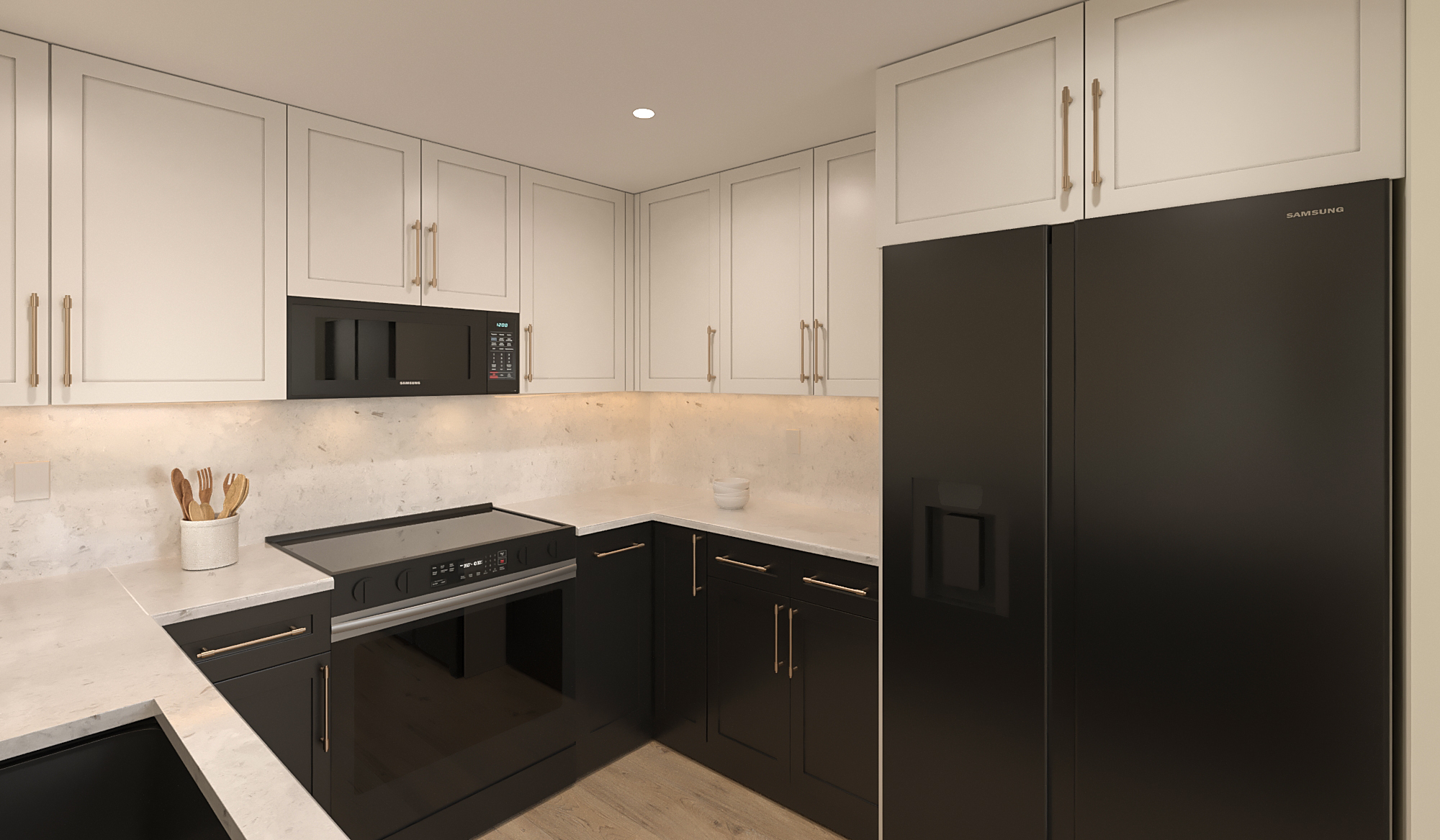 Kitchen remodel with black lower cabinets, white uppers and marble counters — Kat and Adam project